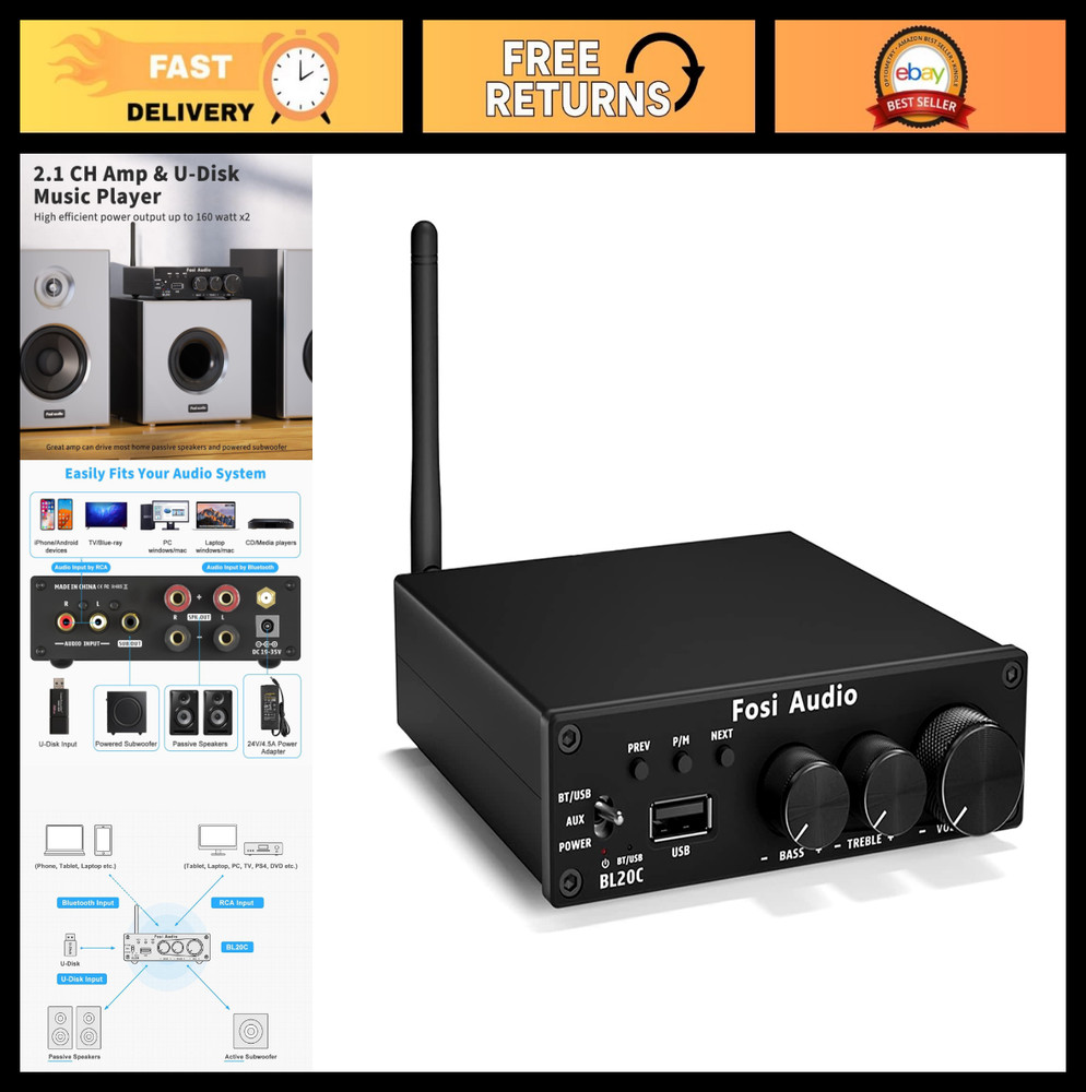 Bluetooth 5.0 Stereo Audio Receiver Amplifier 320W 2.1CH Mini Hi-Fi Class D Amp