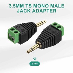 MECCANIXITY 5Pcs 3.5mm TS Mono Male Plug to 2 Pin Screw Terminal Block, Gold Pla