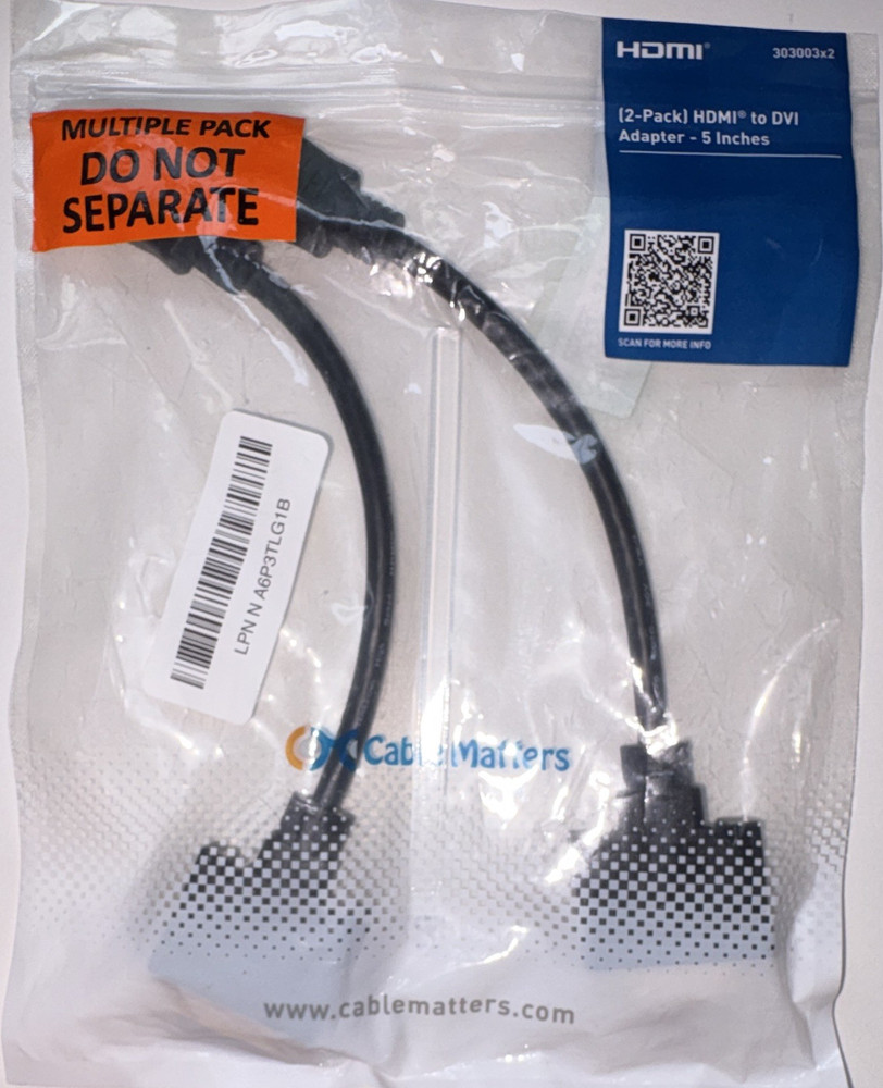 Cable Matters HDMI to DVI Adapter 2-Pack, 5 Inch Black Portable Model 303003×2