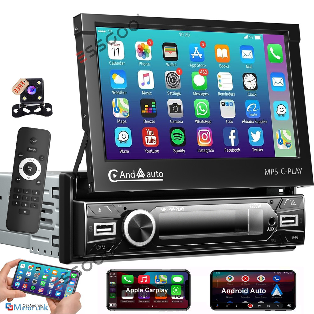 7″ Single 1 DIN Car Stereo Flip Out Touch Screen Radio Carplay MP5 USB +Camera