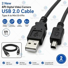 2 New 6ft Digital Video Camera USB 2.0 Cable, Type A to Mini B 4 Pin Black