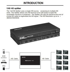 1 In 8 Out HDMI Splitter Switch 8 Port Repeater Amplifier Hub 3D 4K HD 1080P US