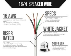 Voltive 16/4 Speaker Wire Riser CL3R White 500ft 16AWG 4 Conductors Stranded OFC