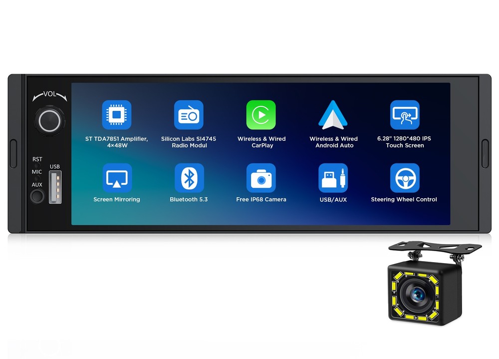 Android Auto 6.28″ IPS Single DIN Car Stereo Head Unit CarPlay GPS Universal Fit