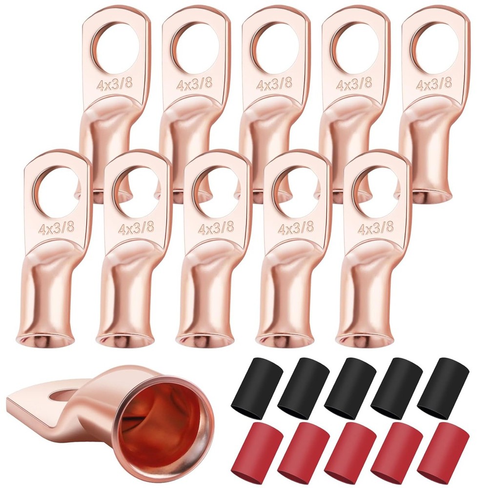 20PCS 4 AWG Gauge Copper Lugs w/ BLACK & RED Heat Shrink End Ring Terminals Wire