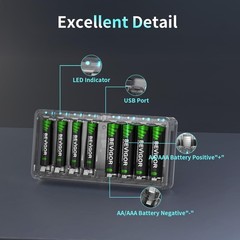 BEVIGOR AA AAA Battery Charger 8 Bay for NiMH NiCD Rechargeable Transparent
