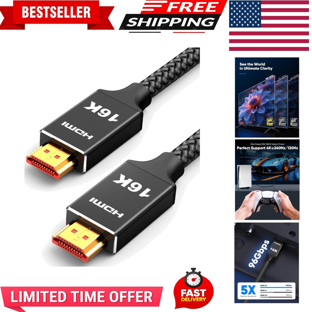 96Gbps HDMI Cable 2.2 6.6ft, 16K@60Hz, 8K@120Hz, 4K@240Hz, High Speed Cord fo…