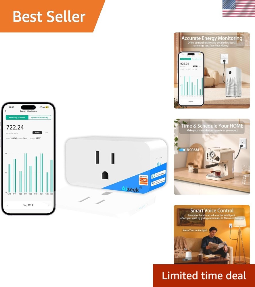15A Energy Monitoring Wi-Fi Smart Plug – Voice Command Enabled, Compact Design