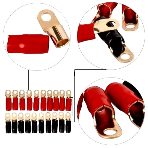 4 Gauge Gold Ring Terminal 20 Pack 4 AWG Wire Crimp Cable- Red/Black Boots 3/8″