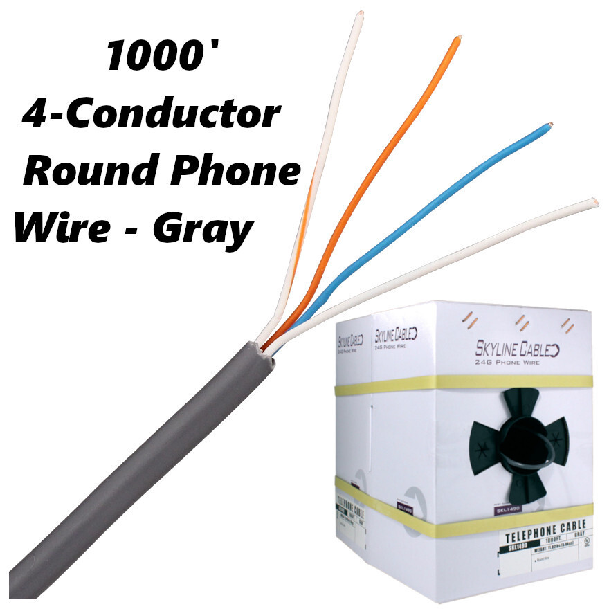 4-Conductor 24 Gauge Solid Copper Round Phone Telephone Wire 1000ft Gray Box