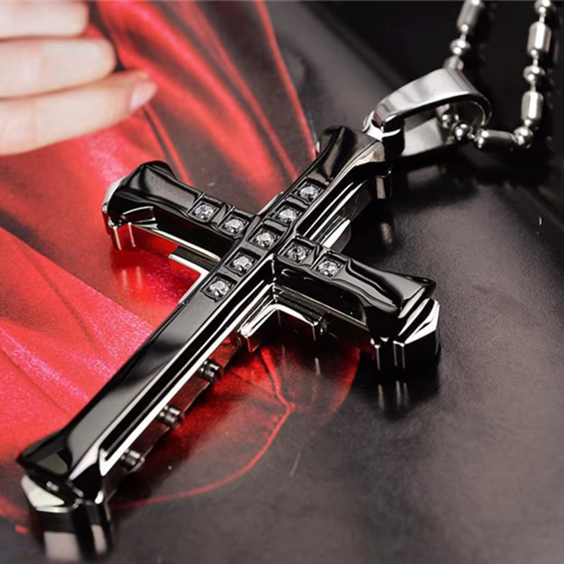 2025 Black Gold Cross Pendant Necklace Men Zircon Stainless Steel