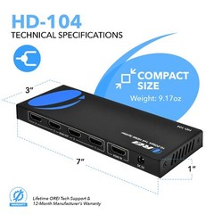 OREI 4K 1X4 HDMI Splitter, 1 Port to 4 Display, Powered