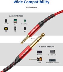 Durable 4FT 3.5mm to 1/4″ Male Stereo Cable – Red Aux for Musicians & Home Audio