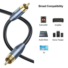 FEMORO Subwoofer Cable 10 ft, Single RCA Cables Dual Shielded Wire Gold Plated P