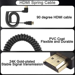 Right Angle HDMI Spring Cable 4K 60Hz HDMI to HDMI Adapter Male Cord for Camera