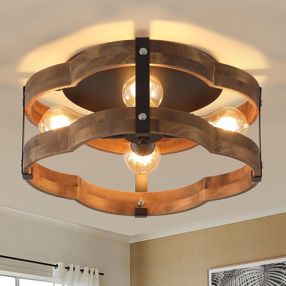 4-Light Rustic Farmhouse Wood Flush Mount Ceiling Medium 4 lights, Black