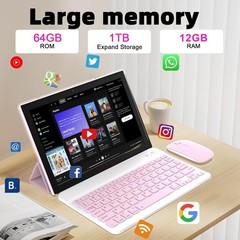 Tablet Android 15, 10 inch 12GB RAM+64GB ROM/1TB Expand, 2 in 12GB+64GB Pink