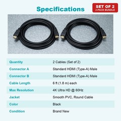 HDMI to HDMI Cable 6FT 4K Set of 2 for HDTV Monitor PS5 PS4 Xbox Blu-ray Player