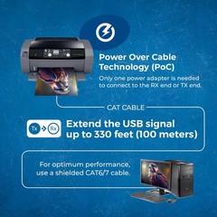 USB 2.0 Over Ethernet Extender Upto 330 Feet Power Over Cable, KVM
