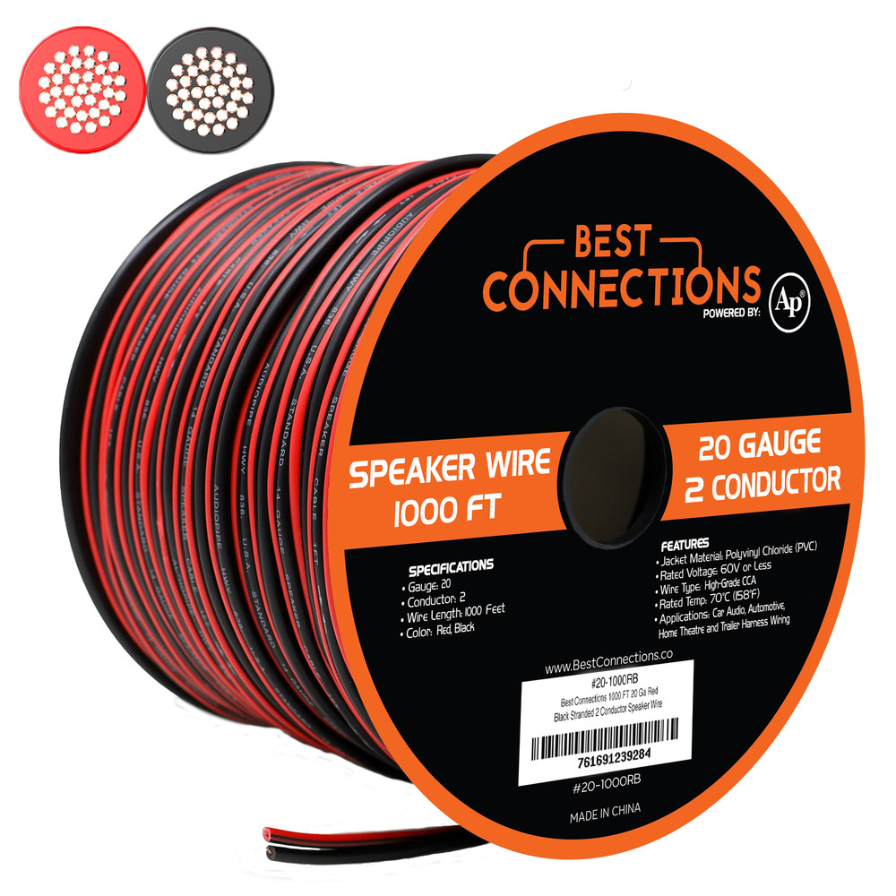 1000 Feet 20 Gauge Speaker Wire Red Black 2 Conductor Copper Clad Aluminum