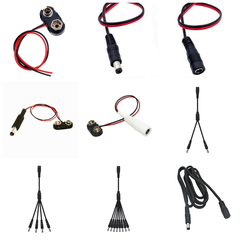 12 VDC cylindrical male female plug 5.5 2.1 mm splitter 9 volt battery connector