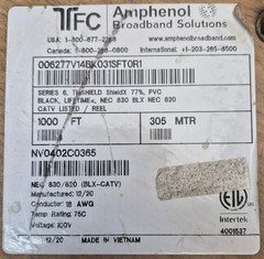 Amphenol RG6 Coaxial Cable 1000ft Trishield 18AWG Black 006277V14BK031SFTDR1