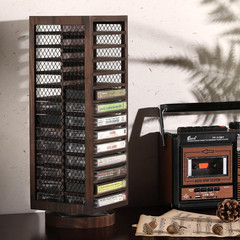 Rotatable Farmhouse Style Cassette Tape Rack, 28-Slot Rustic Wood & Metal Design