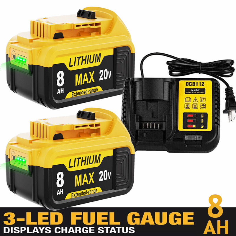 Combo 2-Pack 8.0Ah Replacement Battery & Charger Capacity for DEWALT 20V Tools