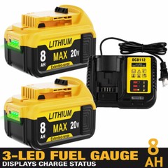 Combo 2-Pack 8.0Ah Replacement Battery & Charger Capacity for DEWALT 20V Tools