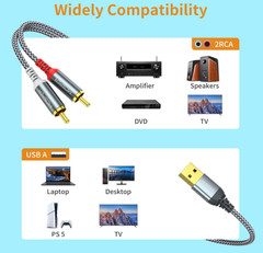 USB to RCA Audio Cable (6.6FT), USB 2.0 Male to 2 RCA Male Stereo Audio Cable…
