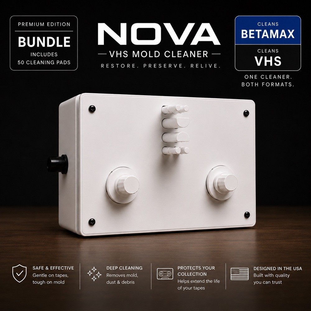 NOVA VHS Mold Cleaner Video Cassette Tape Cleaning Machine Bundle with Pads