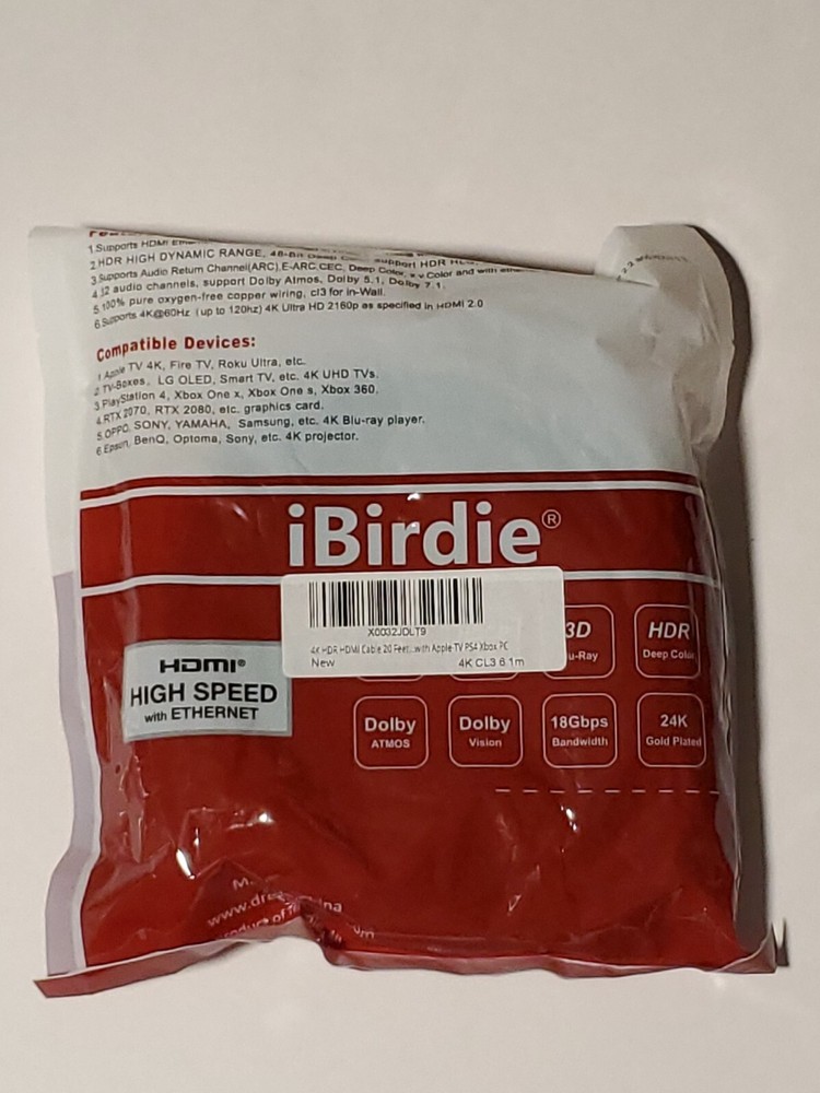 iBirdie 4k 20ft HDMI cable With ETHERNET 24k Gold Plated Apple TV Smart TV Comp.