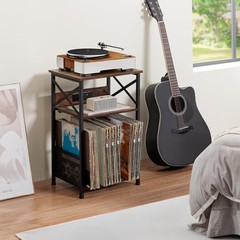 Rustic Brown Turntable Stand with Storage for Over 100 Records & USB Charging