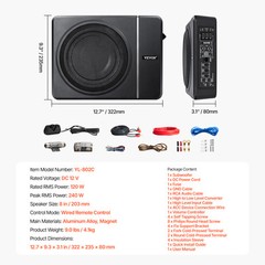 VEVOR 8″ 240W Slim Under-Seat Subwoofer Powered Car Truck Sub w/ Amp Kit Speaker