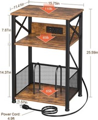 Rustic Vinyl Record Player Stand with Charging Station – 3-Tier Storage Table