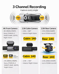 CardiVox A21 3 Ch Dash Cam 4K+2.5K+2.5K Sony STARVIS 2 GPS WiFi ADAS 256GB