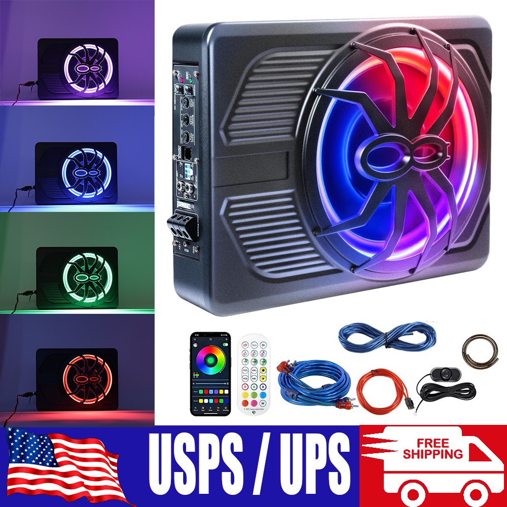 800W Wireless 10” Slim Under Seat Powered Car Subwoofer w/Built-in Amplifier