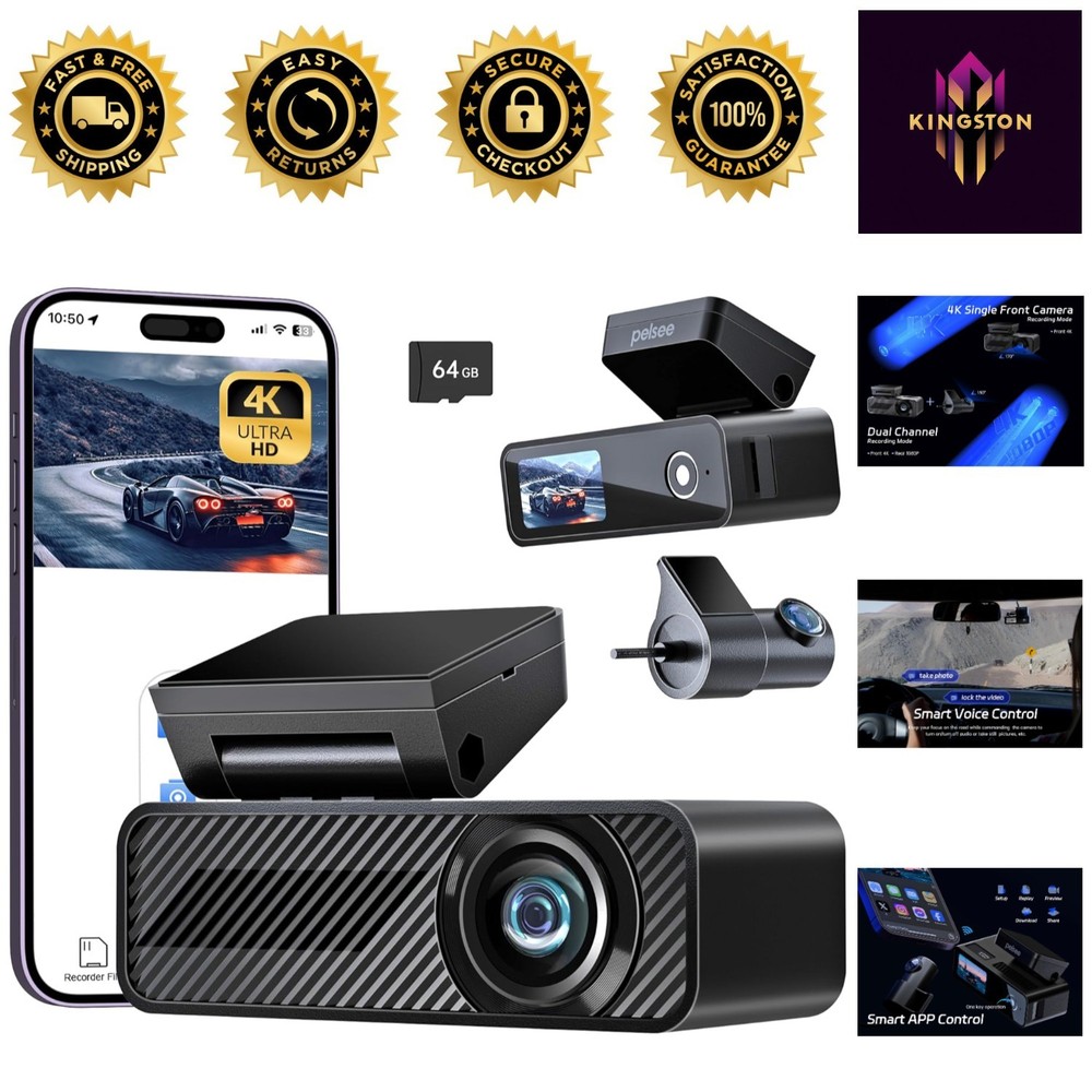 4K+1080P Dual Dash Camera with 64GB Card – Wi-Fi & Voice Control, Night Vision
