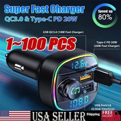 Bluetooth 5.0 Car Wireless FM Transmitter Adapter USB PD Charger AUX Hands LOT