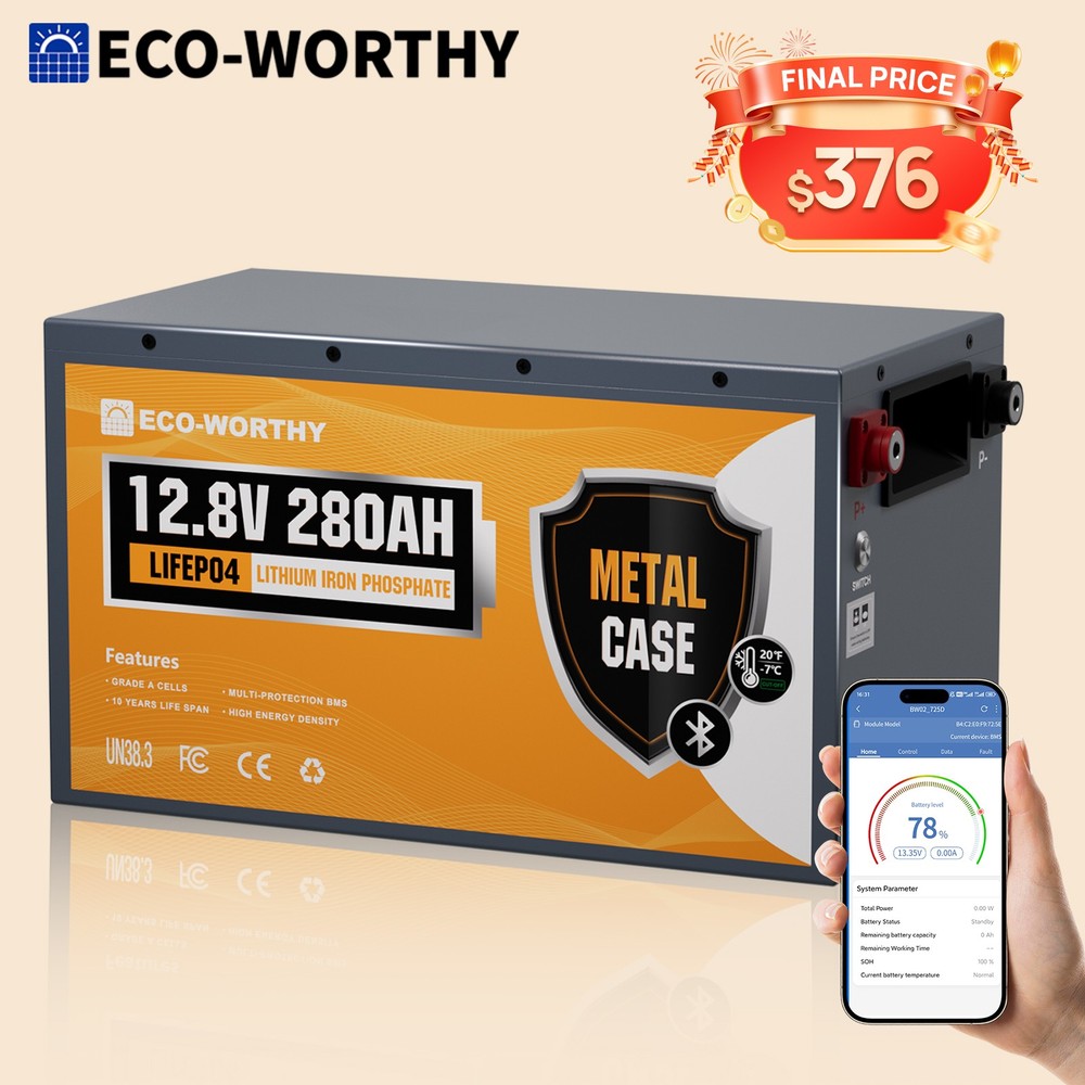 ECO-WORTHY 12V 280Ah 3584Wh Bluetooth Metal Case LiFePO4 Lithium Battery For RV
