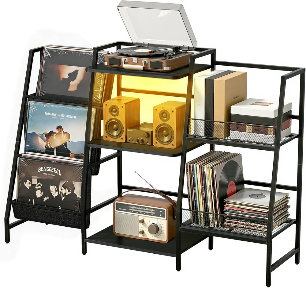 LED Record Player Stand with Storage for 300 Albums – Black Vinyl Shelf