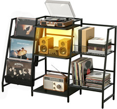 LED Record Player Stand with Storage for 300 Albums – Black Vinyl Shelf