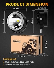 4 Inch Round LED Pod Lights, 60W 6000LM LED Spot Off Road/Driving/Fog Lights for