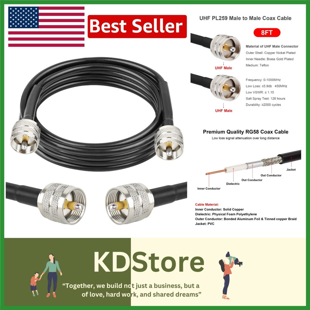 8ft UHF CB Coax Cable with Low Loss & Durable Construction