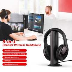 5 in 1 Wireless Cordless Headphones Headset with Mic for TV Watching Radio J4E3