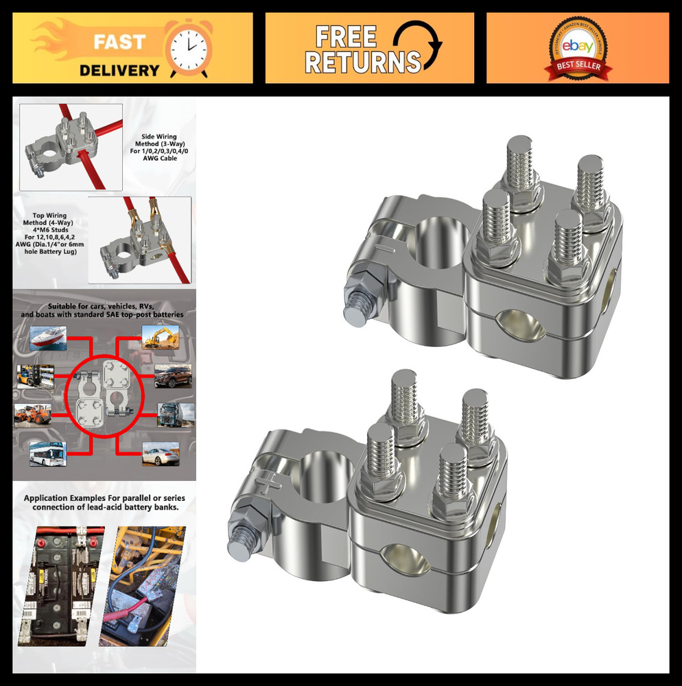 2 Pcs Car Battery Terminal Connectors, 7 Way Clamps for 12AWG to 4/0 AWG, SAE To
