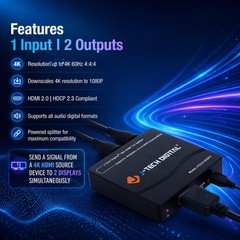 HDMI Splitter 1 in 2 Out 4K 60Hz HDR10 Dolby Vision HDCP2.3 2.2 JTECH-4KSP2
