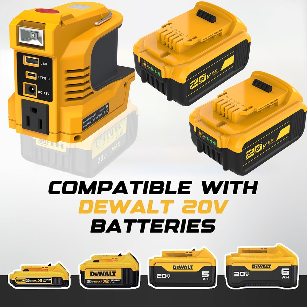 2 Pack For DeWalt 20V Max 5.0AH Lithium Ion Battery DCB205 + 220W Power Inverter