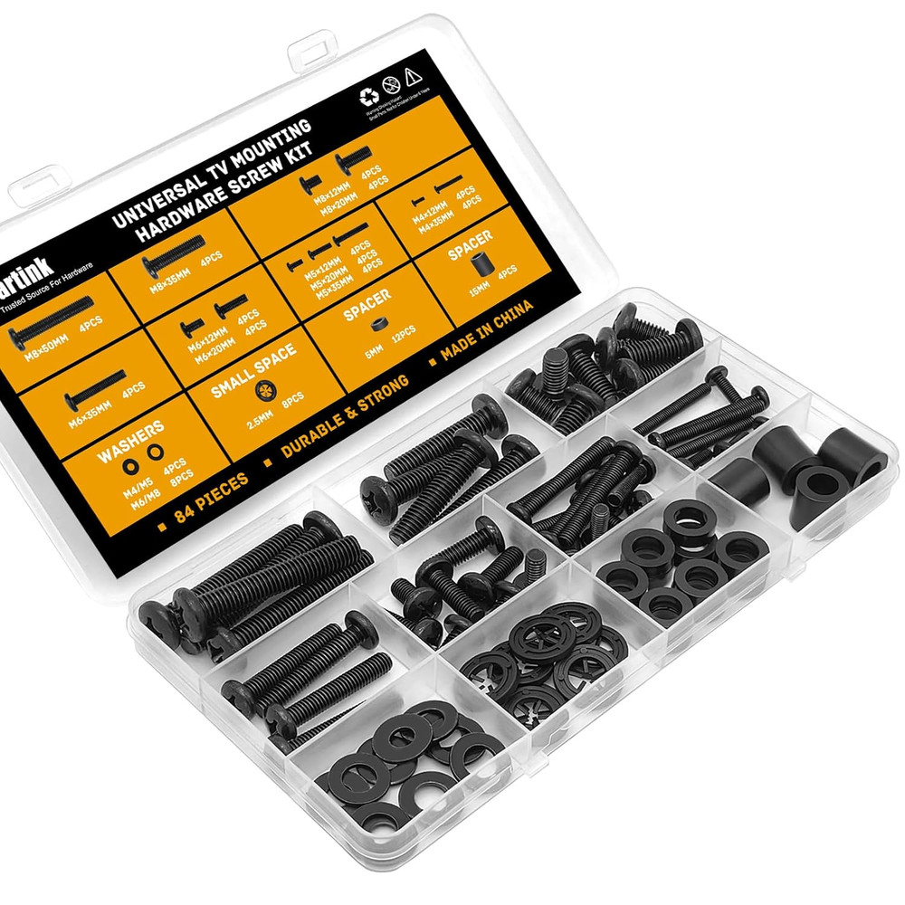 Universal TV Mounting Screws Hardware Kit with Box, Includes M4 M5 M6 M8 (Black)