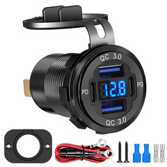 12V-24V PD + QC3.0 Dual USB Car Fast Charger Power Socket Outlet LED Voltmeter